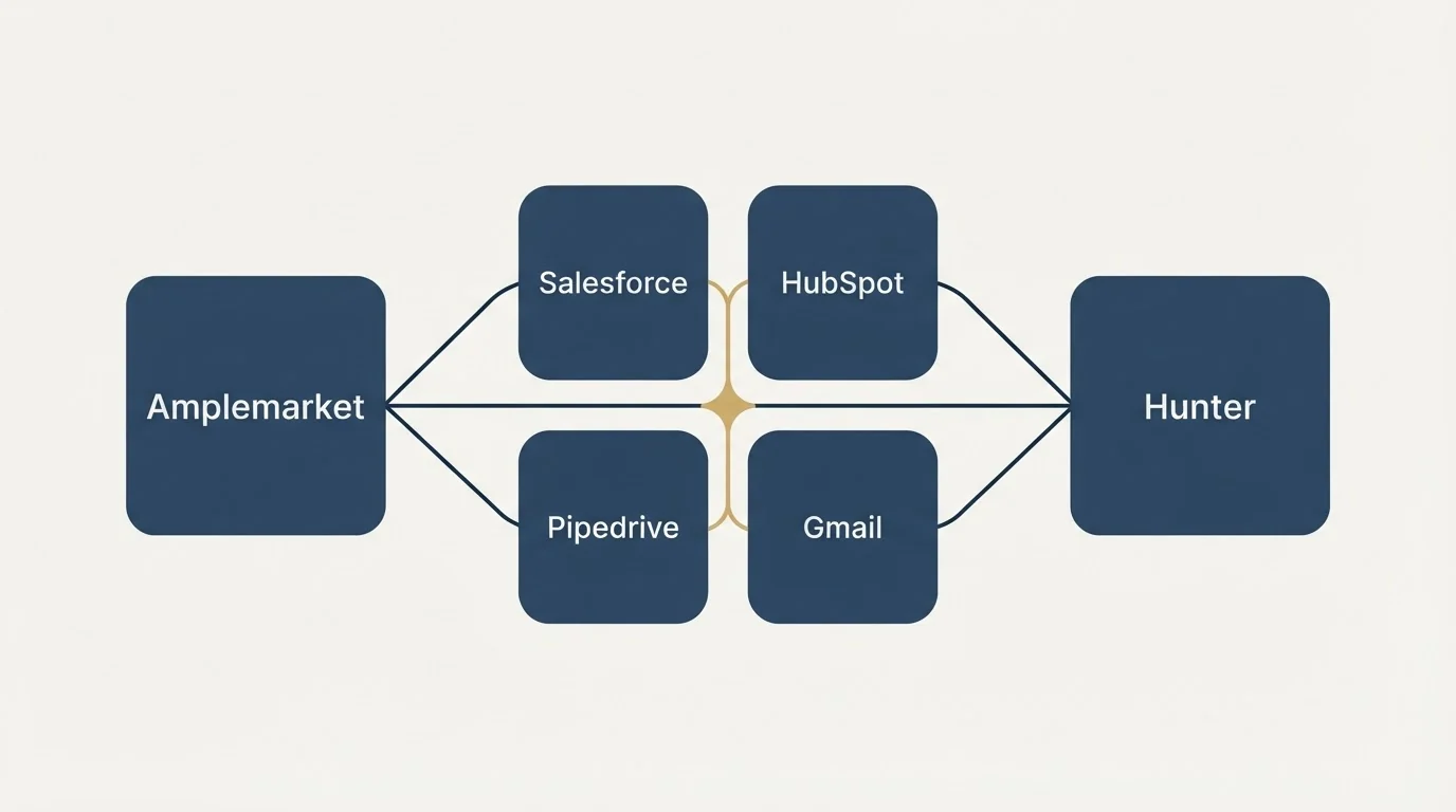 Integration schematic: Integration Ecosystem (Amplemarket, Hunter, Salesforce, HubSpot)