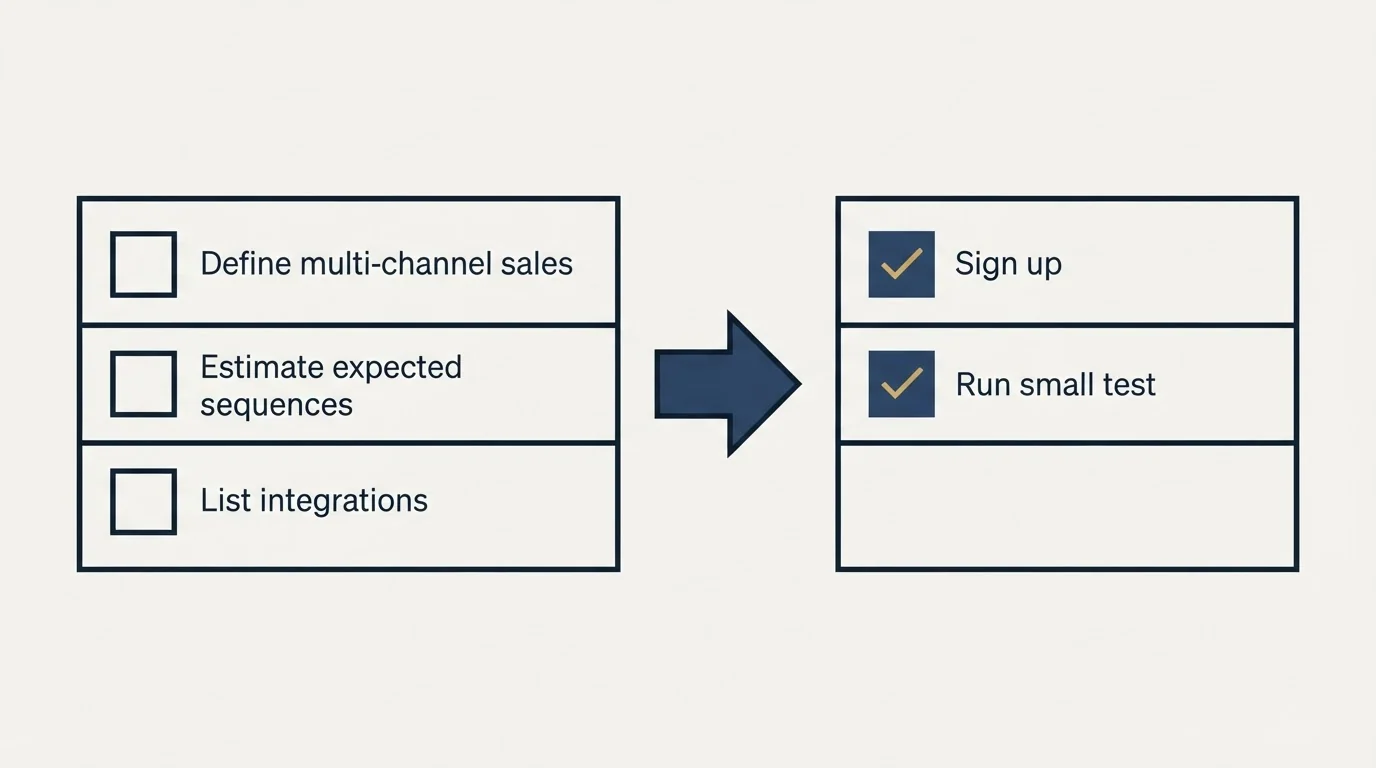 Before-and-after steps: Getting Started Checklist (Define multi-channel sales, Estimate expected sequences, List integrations, Sign up)