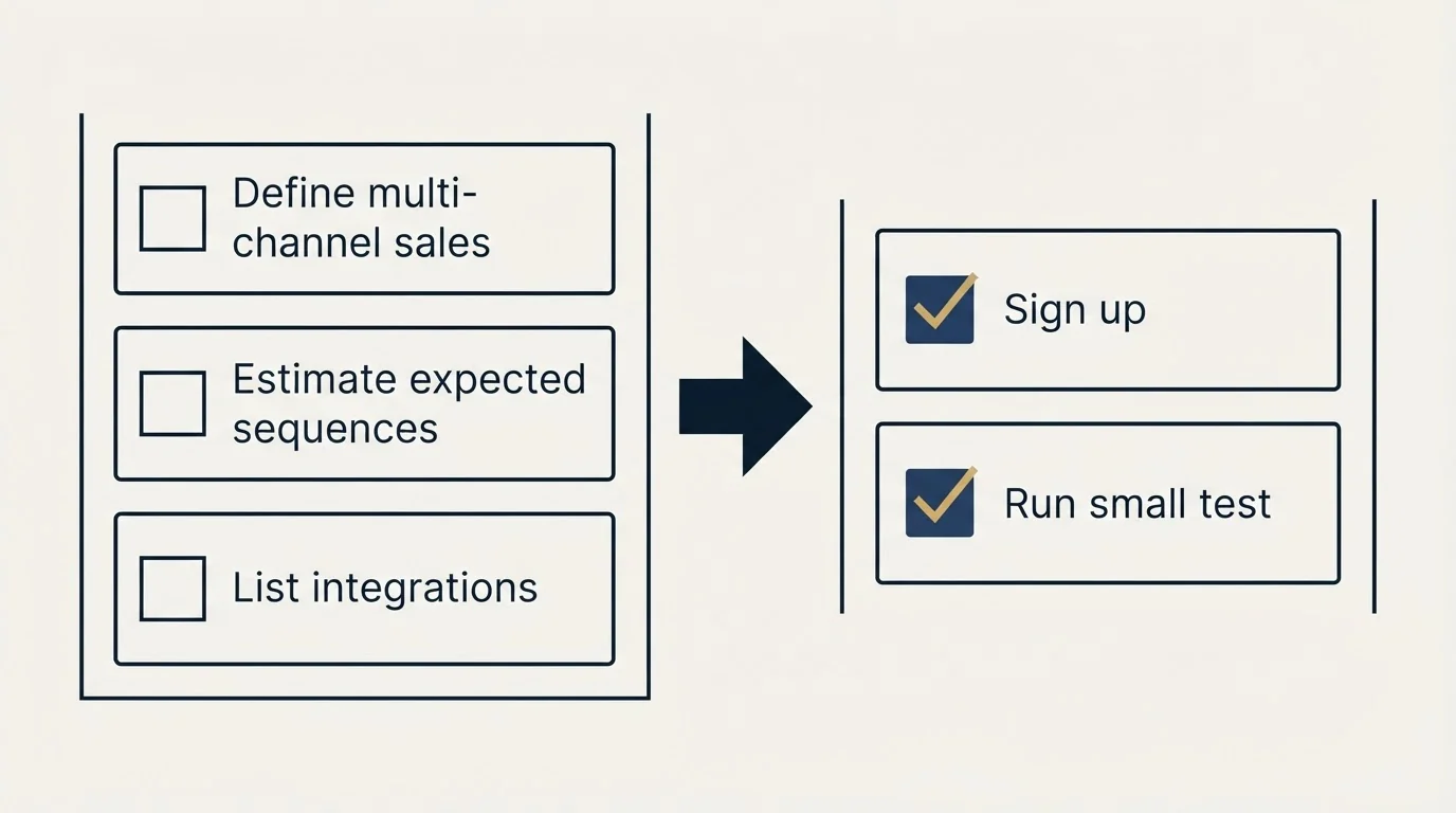 Before-and-after steps: Getting Started Checklist (Define multi-channel sales, Estimate expected sequences, List integrations, Sign up)