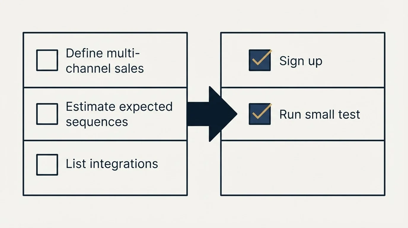 Before-and-after steps: Getting Started Checklist (Define multi-channel sales, Estimate expected sequences, List integrations, Sign up)