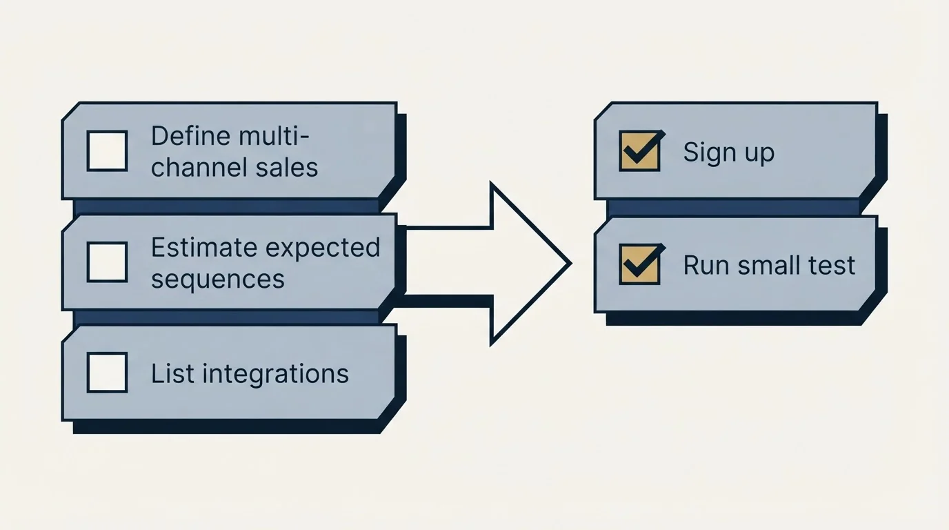 Before-and-after steps: Getting Started Checklist (Define multi-channel sales, Estimate expected sequences, List integrations, Sign up)