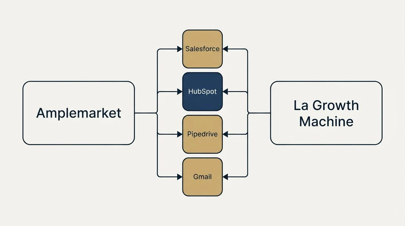 Integration flow: Integration Ecosystem (Amplemarket, La Growth Machine, Salesforce, HubSpot)