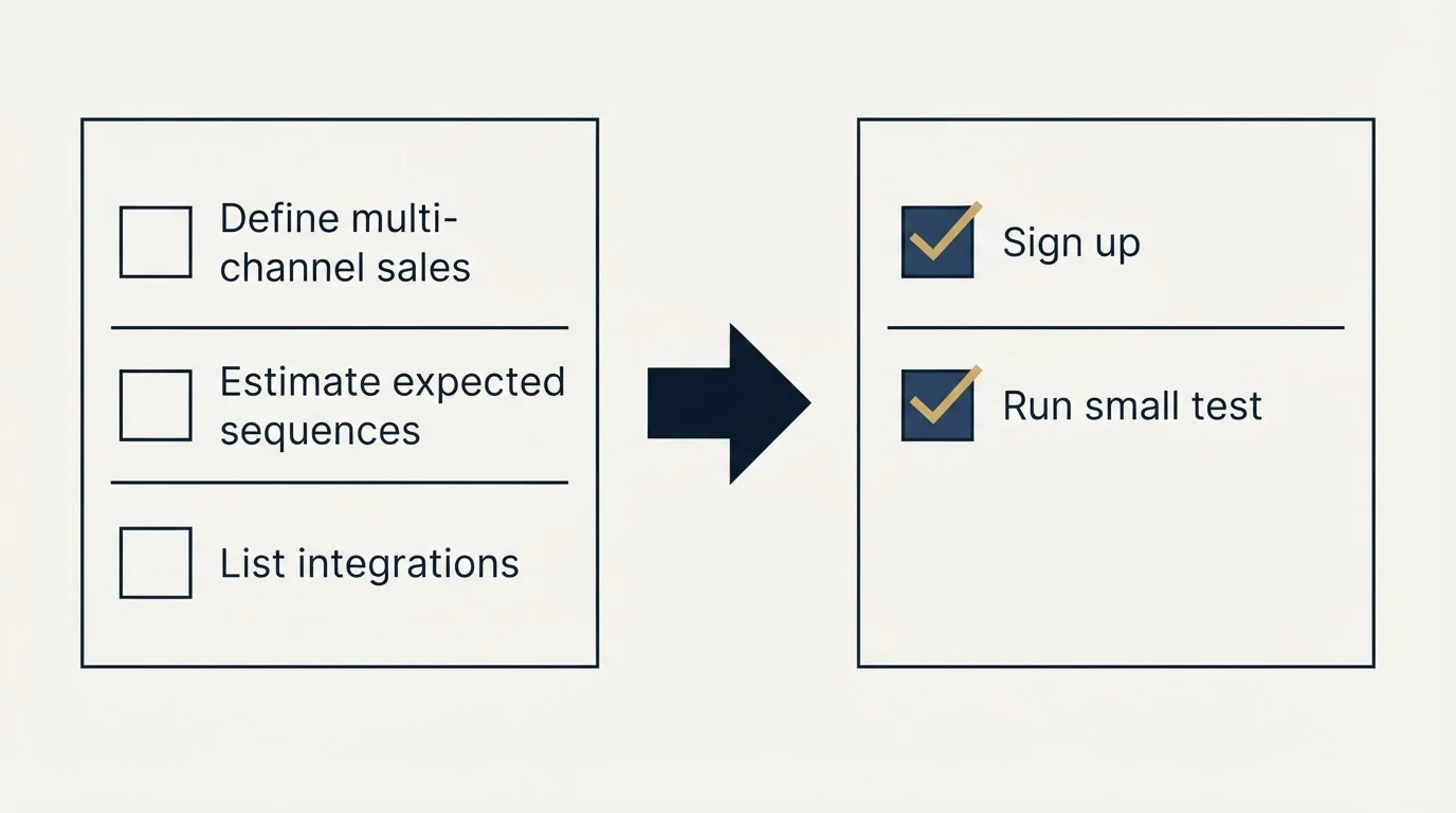 Before-and-after steps: Getting Started Checklist (Define multi-channel sales, Estimate expected sequences, List integrations, Sign up)