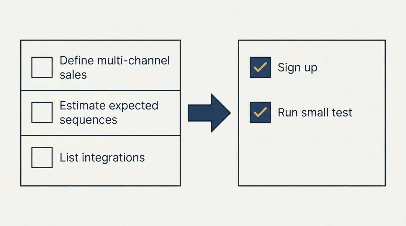 Before-and-after steps: Getting Started Checklist (Define multi-channel sales, Estimate expected sequences, List integrations, Sign up)