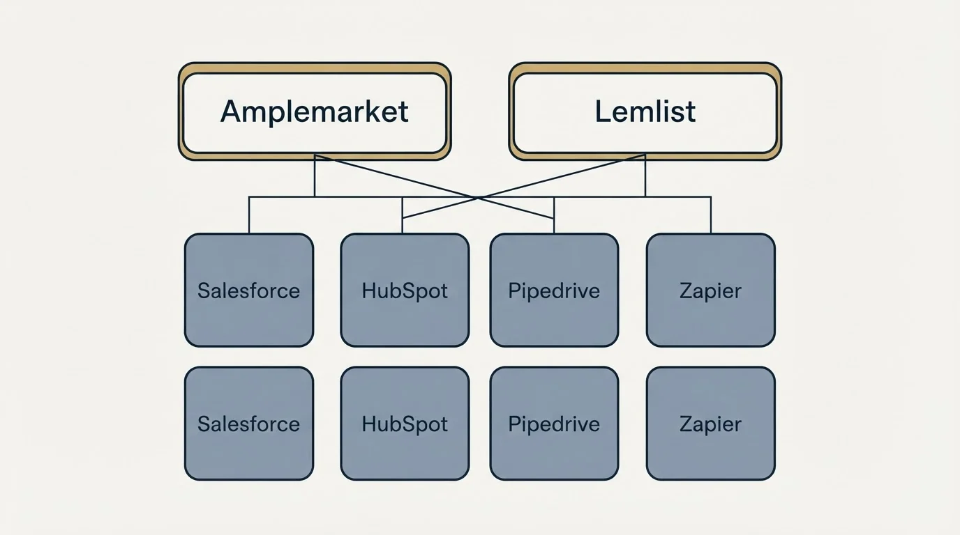 Integration grid: Integration Ecosystem (Amplemarket, Lemlist, Salesforce, HubSpot)