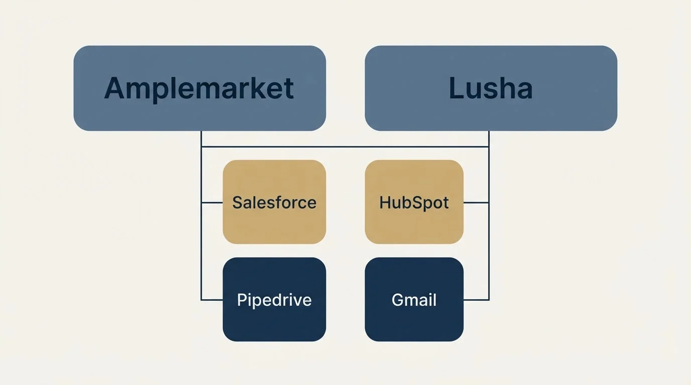 Integration grid: Integration Ecosystem (Amplemarket, Lusha, Salesforce, HubSpot)
