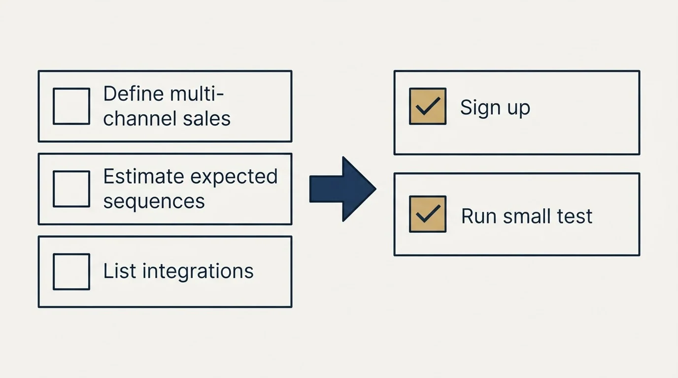 Before-and-after steps: Getting Started Checklist (Define multi-channel sales, Estimate expected sequences, List integrations, Sign up)