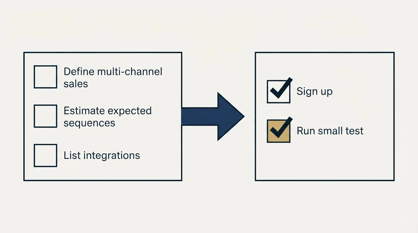 Before-and-after steps: Getting Started Checklist (Define multi-channel sales, Estimate expected sequences, List integrations, Sign up)