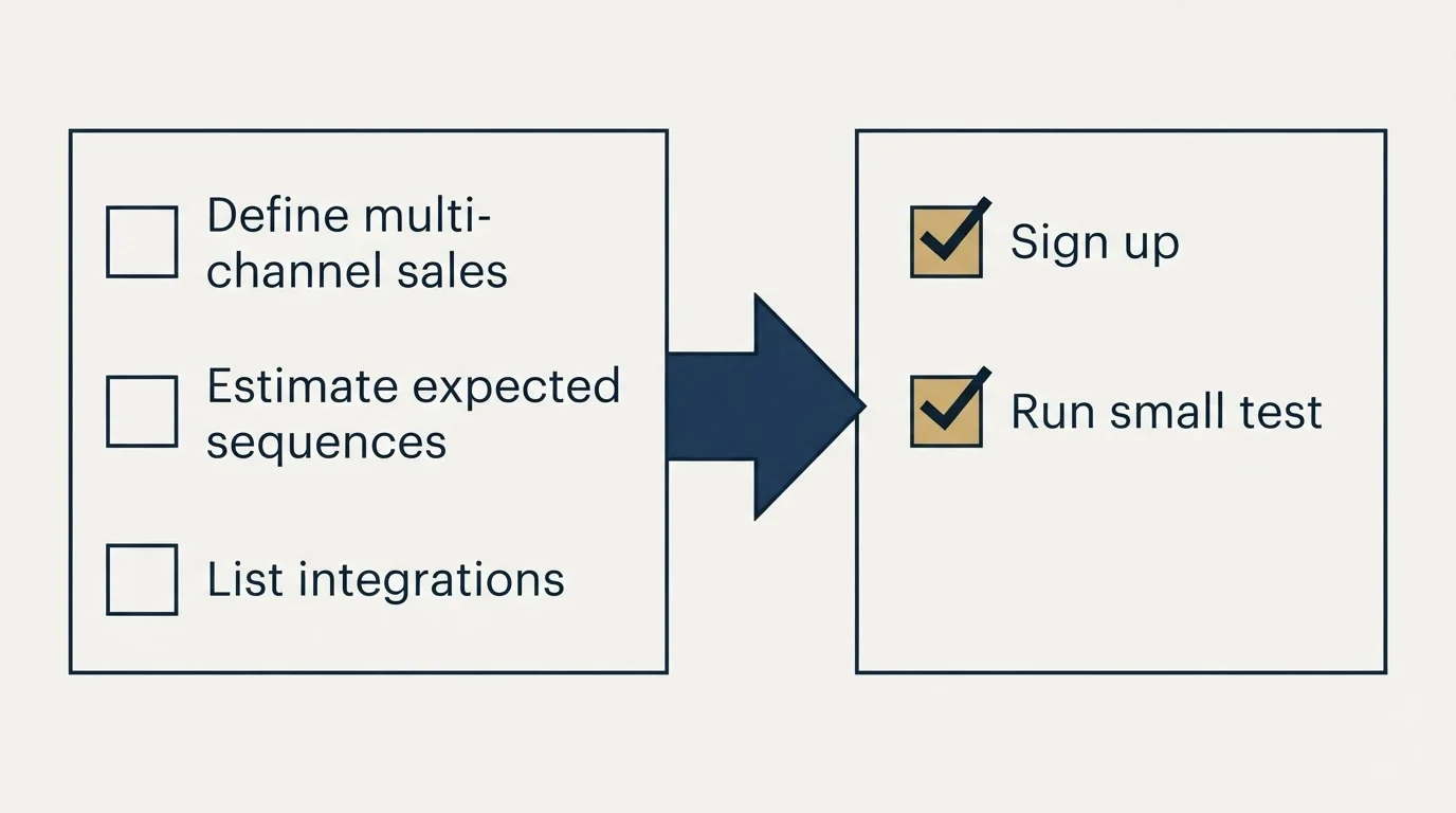 Before-and-after steps: Getting Started Checklist (Define multi-channel sales, Estimate expected sequences, List integrations, Sign up)