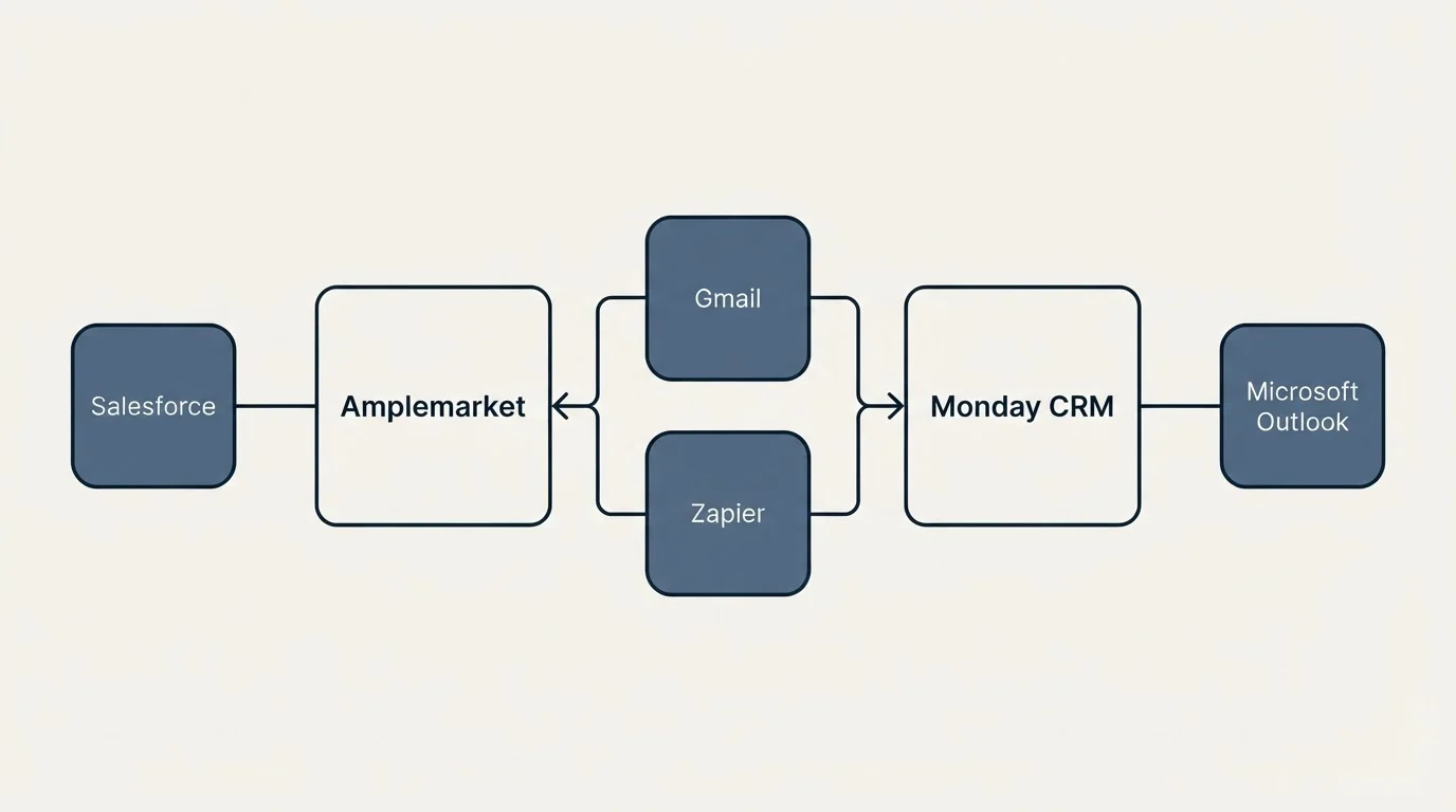 Integration schematic: Integration Ecosystem (Amplemarket, Monday CRM, Gmail, Zapier)