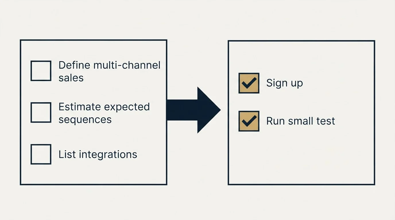 Before-and-after steps: Getting Started Checklist (Define multi-channel sales, Estimate expected sequences, List integrations, Sign up)