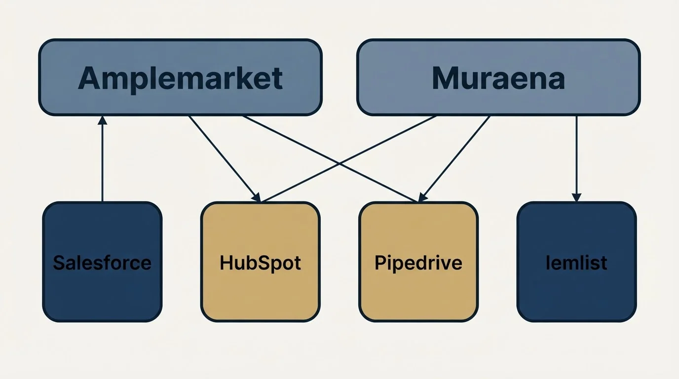 Integration grid: Integration Ecosystem (Amplemarket, Muraena, HubSpot, Pipedrive)