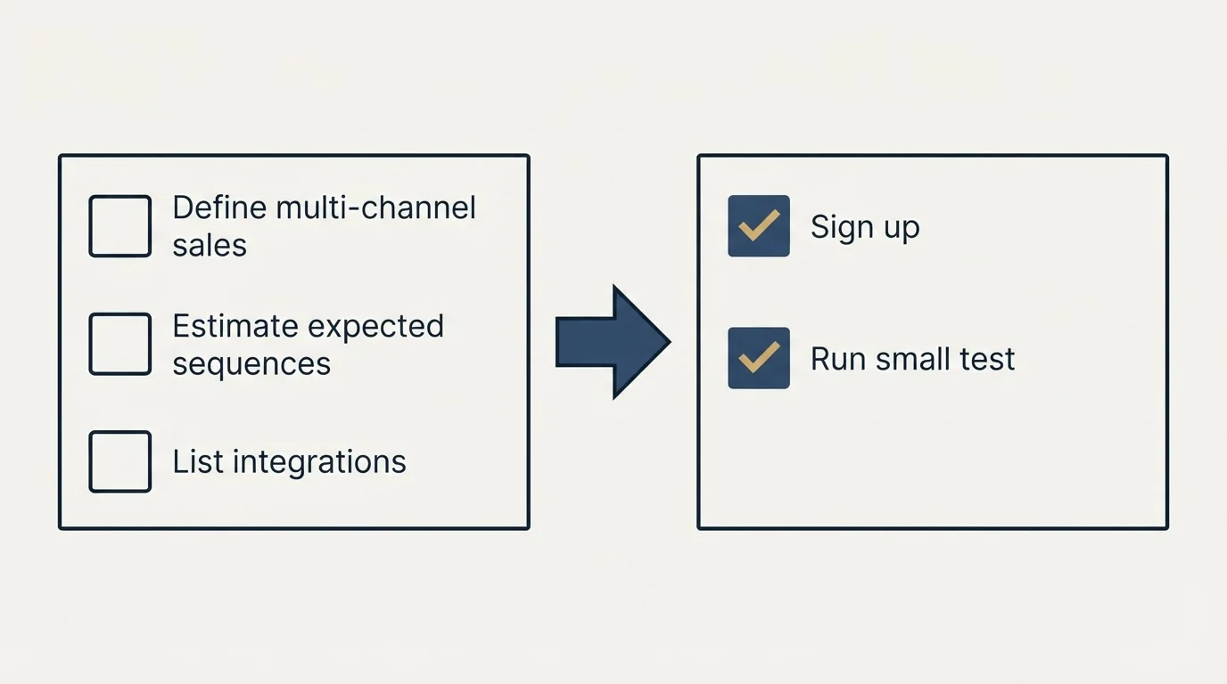 Before-and-after steps: Getting Started Checklist (Define multi-channel sales, Estimate expected sequences, List integrations, Sign up)