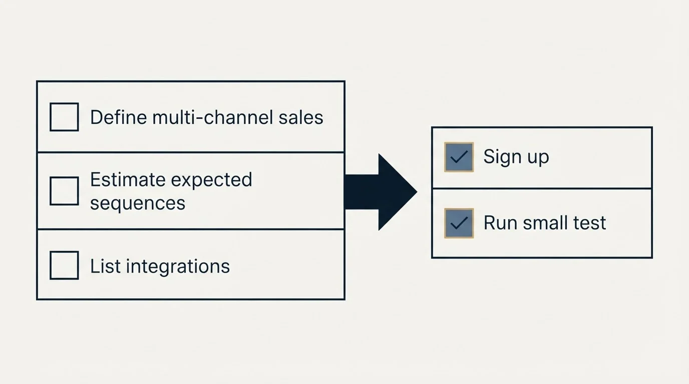 Before-and-after steps: Getting Started Checklist (Define multi-channel sales, Estimate expected sequences, List integrations, Sign up)