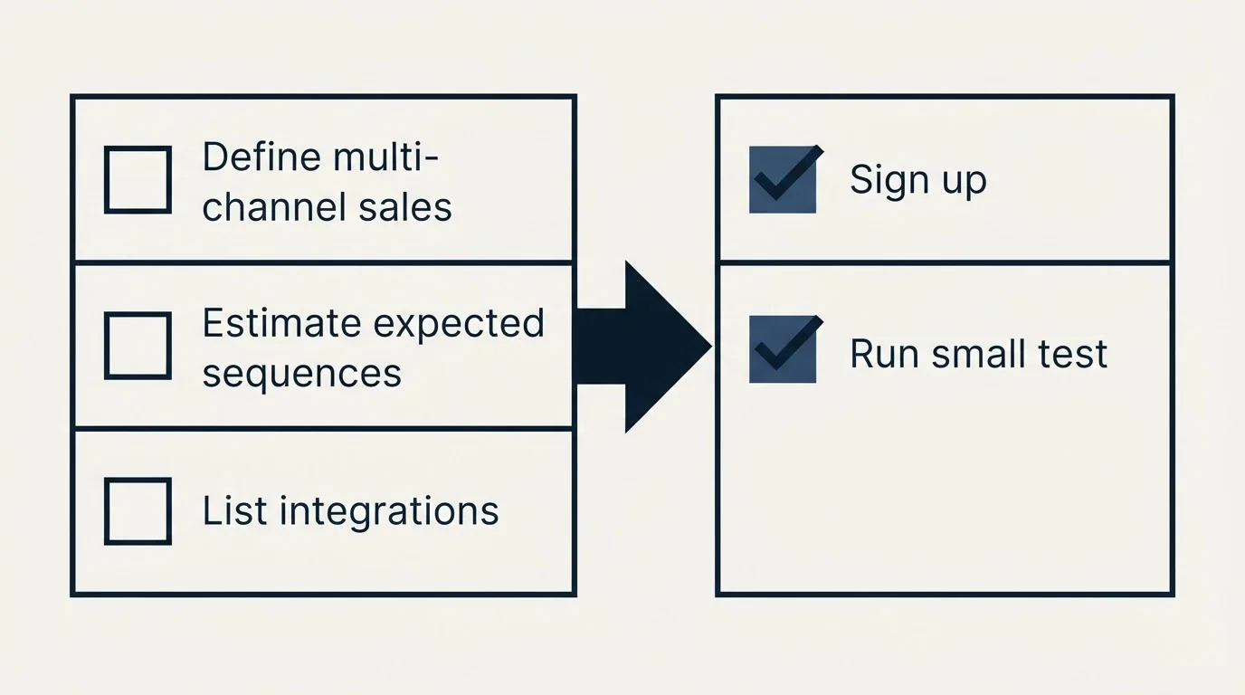 Before-and-after steps: Getting Started Checklist (Define multi-channel sales, Estimate expected sequences, List integrations, Sign up)