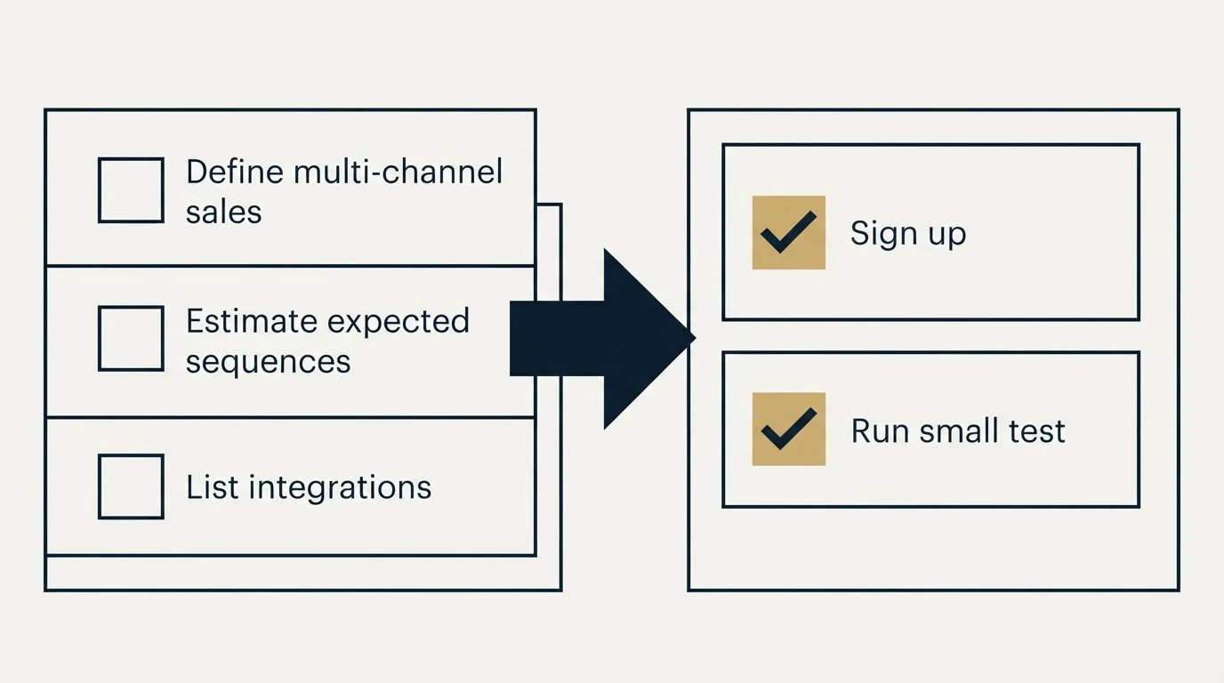 Before-and-after steps: Getting Started Checklist (Define multi-channel sales, Estimate expected sequences, List integrations, Sign up)