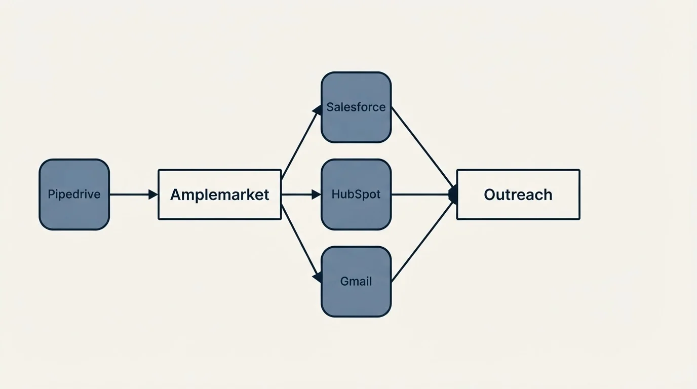 Integration schematic: Integration Ecosystem (Amplemarket, Outreach, Salesforce, HubSpot)