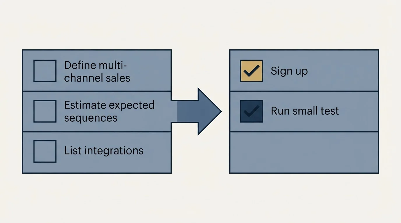 Before-and-after steps: Getting Started Checklist (Define multi-channel sales, Estimate expected sequences, List integrations, Sign up)