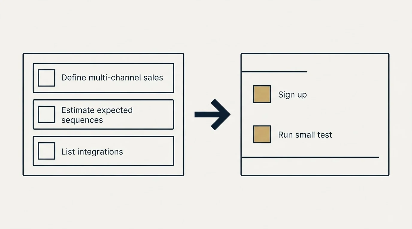Before-and-after steps: Getting Started Checklist (Define multi-channel sales, Estimate expected sequences, List integrations, Sign up)