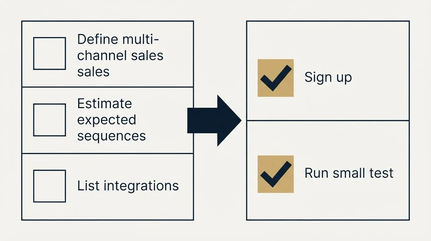 Before-and-after steps: Getting Started Checklist (Define multi-channel sales, Estimate expected sequences, List integrations, Sign up)