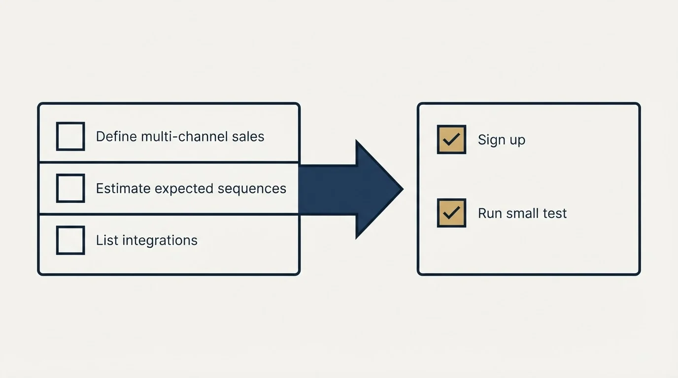 Before-and-after steps: Getting Started Checklist (Define multi-channel sales, Estimate expected sequences, List integrations, Sign up)
