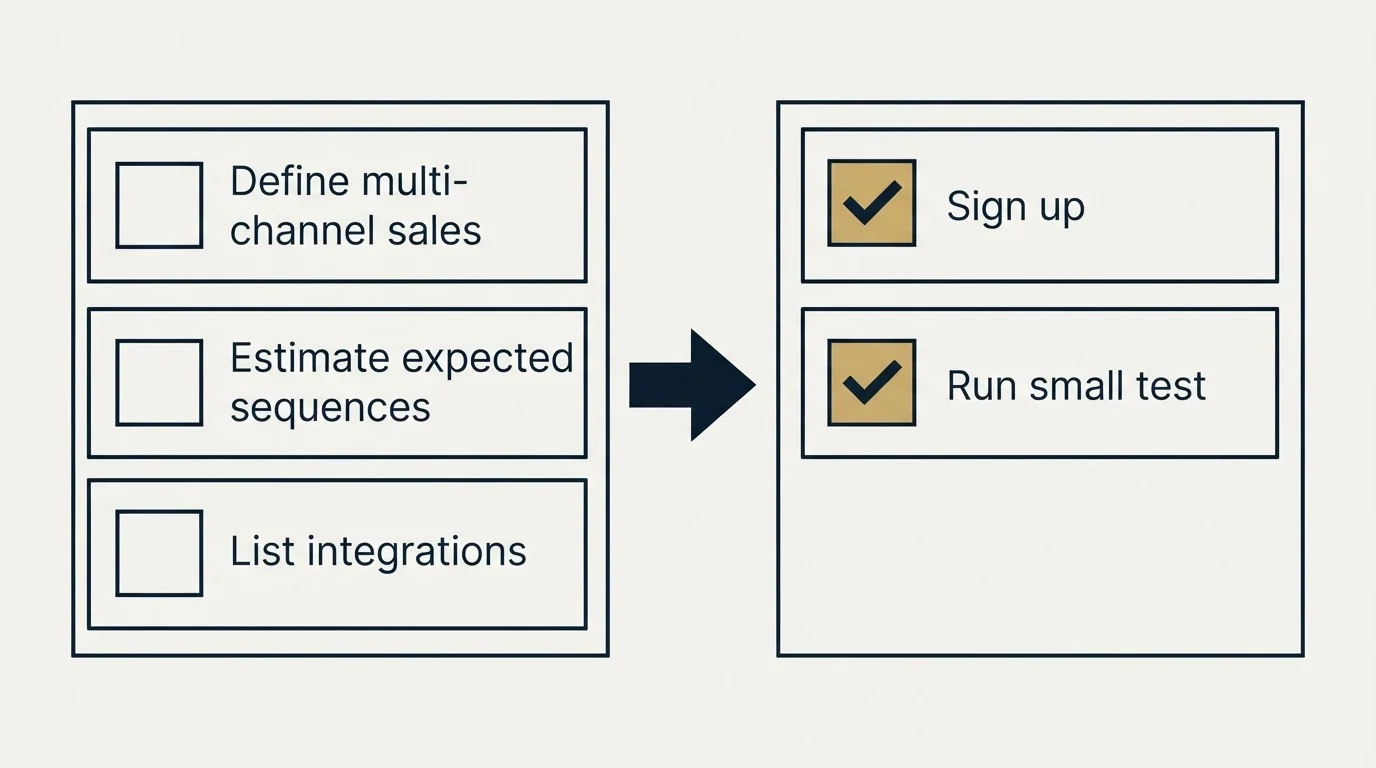 Before-and-after steps: Getting Started Checklist (Define multi-channel sales, Estimate expected sequences, List integrations, Sign up)