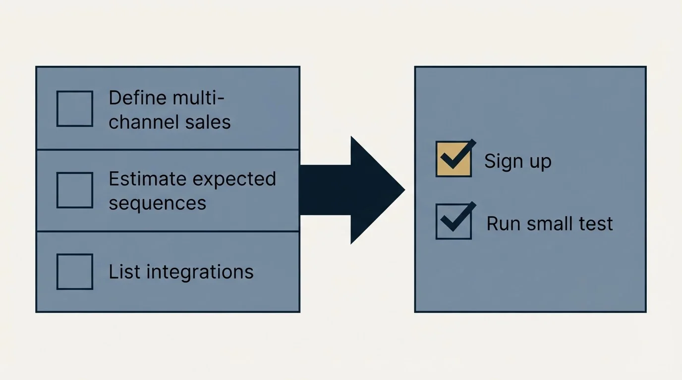 Before-and-after steps: Getting Started Checklist (Define multi-channel sales, Estimate expected sequences, List integrations, Sign up)