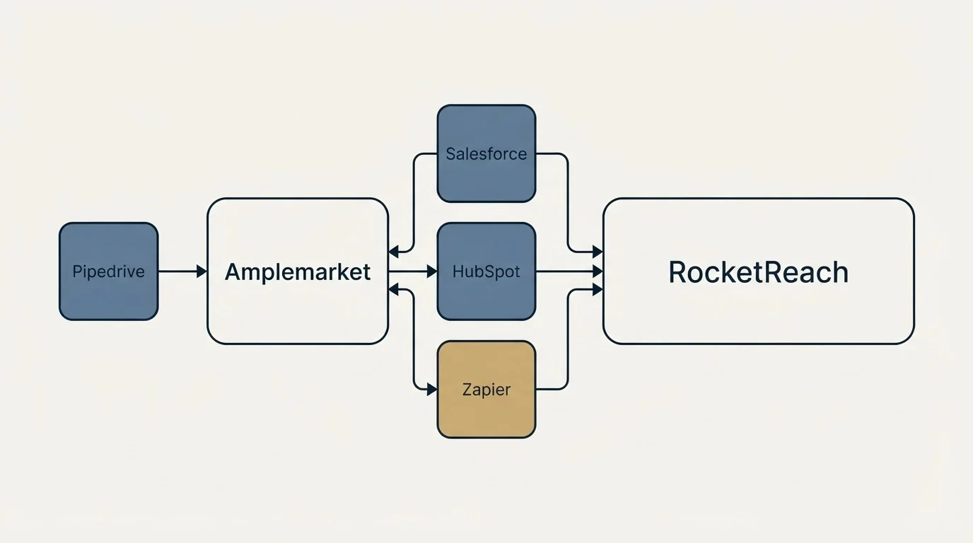 Integration schematic: Integration Ecosystem (Amplemarket, RocketReach, Salesforce, HubSpot)