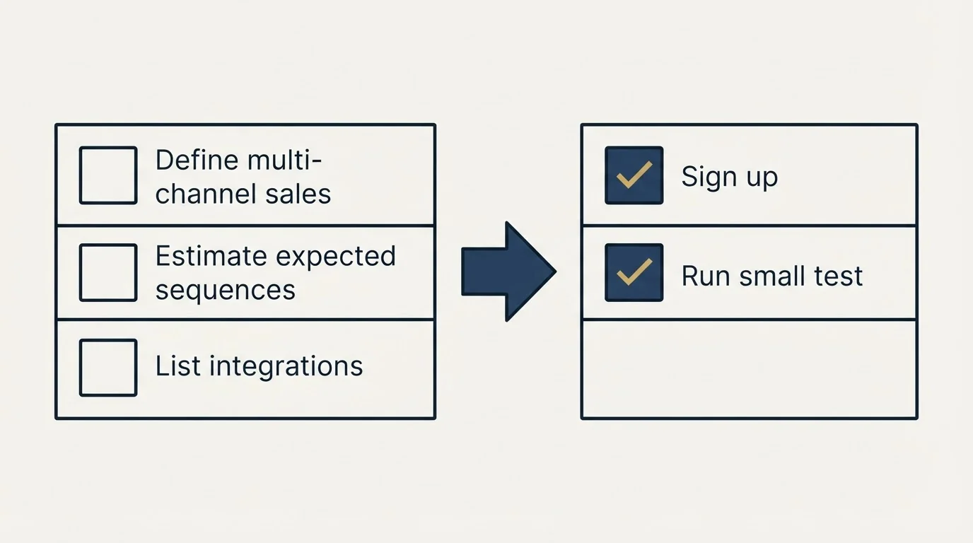 Before-and-after steps: Getting Started Checklist (Define multi-channel sales, Estimate expected sequences, List integrations, Sign up)