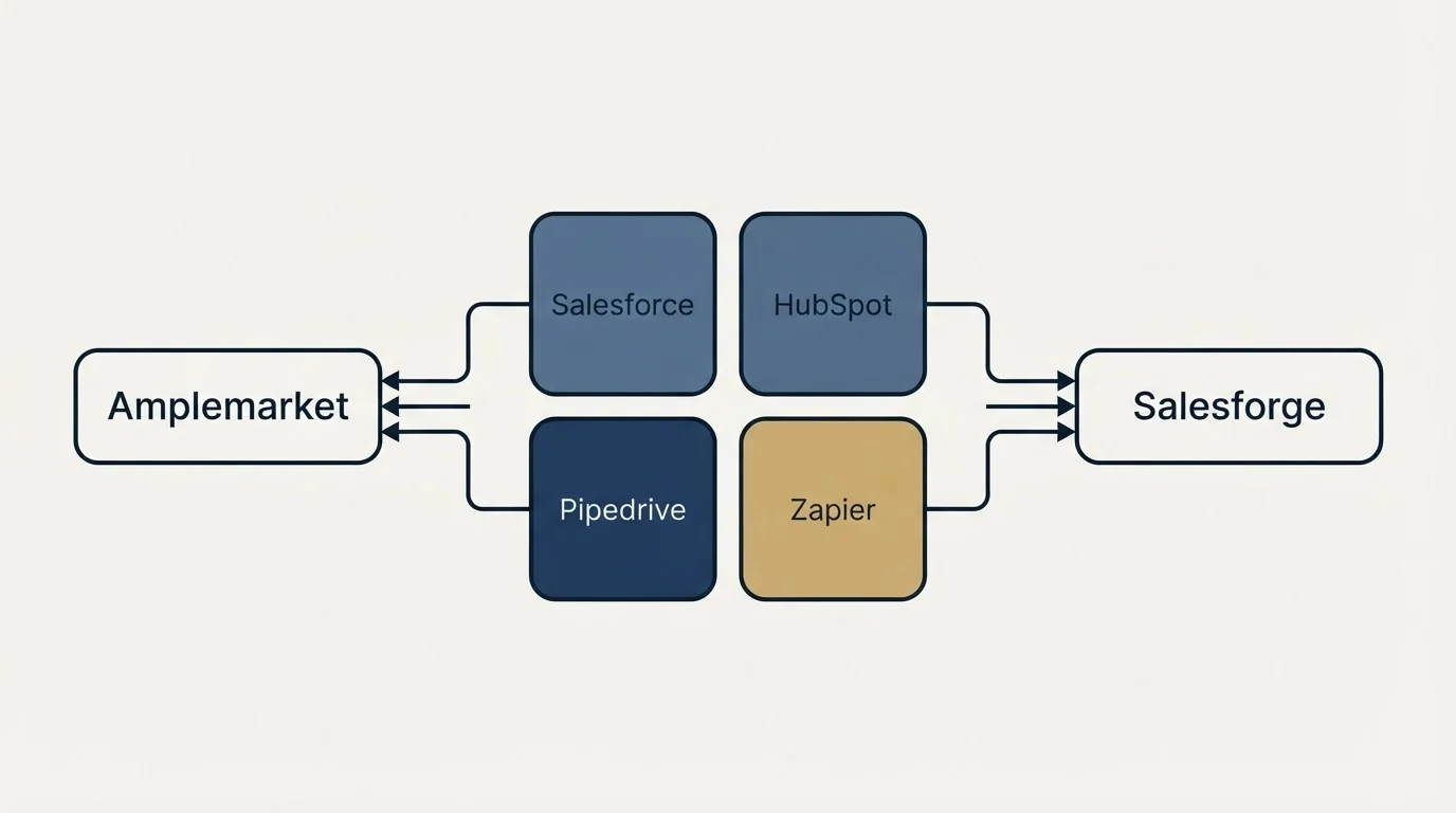 Integration schematic: Integration Ecosystem (Amplemarket, Salesforge, Salesforce, HubSpot)