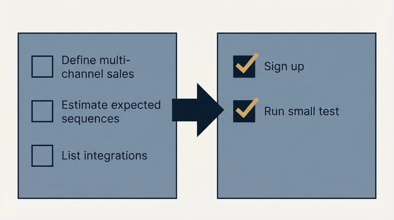 Before-and-after steps: Getting Started Checklist (Define multi-channel sales, Estimate expected sequences, List integrations, Sign up)