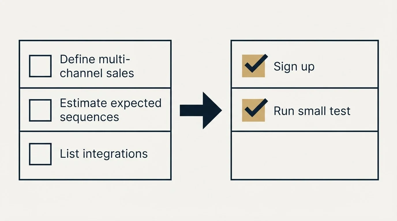 Before-and-after steps: Getting Started Checklist (Define multi-channel sales, Estimate expected sequences, List integrations, Sign up)