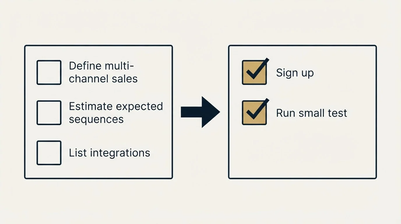 Before-and-after steps: Getting Started Checklist (Define multi-channel sales, Estimate expected sequences, List integrations, Sign up)