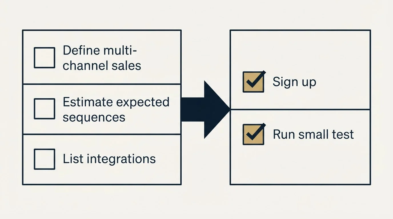 Before-and-after steps: Getting Started Checklist (Define multi-channel sales, Estimate expected sequences, List integrations, Sign up)