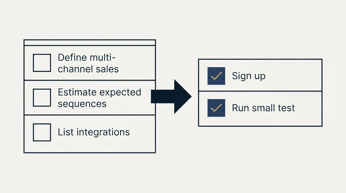 Before-and-after steps: Getting Started Checklist (Define multi-channel sales, Estimate expected sequences, List integrations, Sign up)