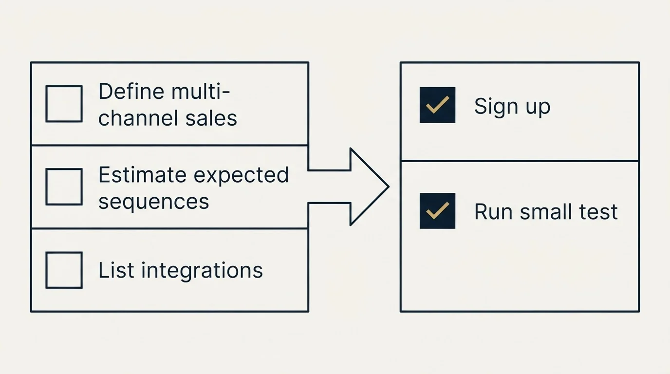Before-and-after steps: Getting Started Checklist (Define multi-channel sales, Estimate expected sequences, List integrations, Sign up)