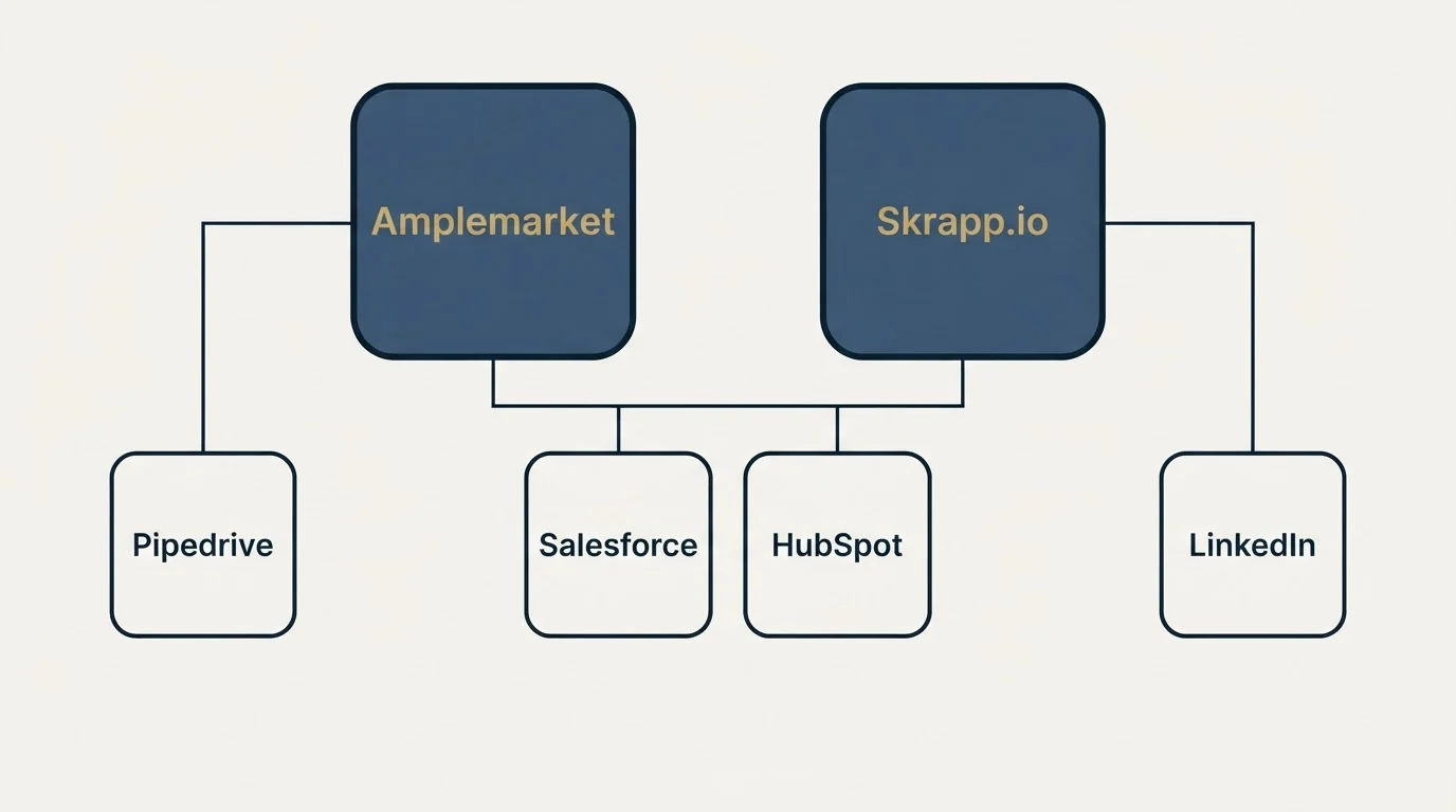 Integration grid: Integration Ecosystem (Amplemarket, Skrapp.io, Salesforce, HubSpot)
