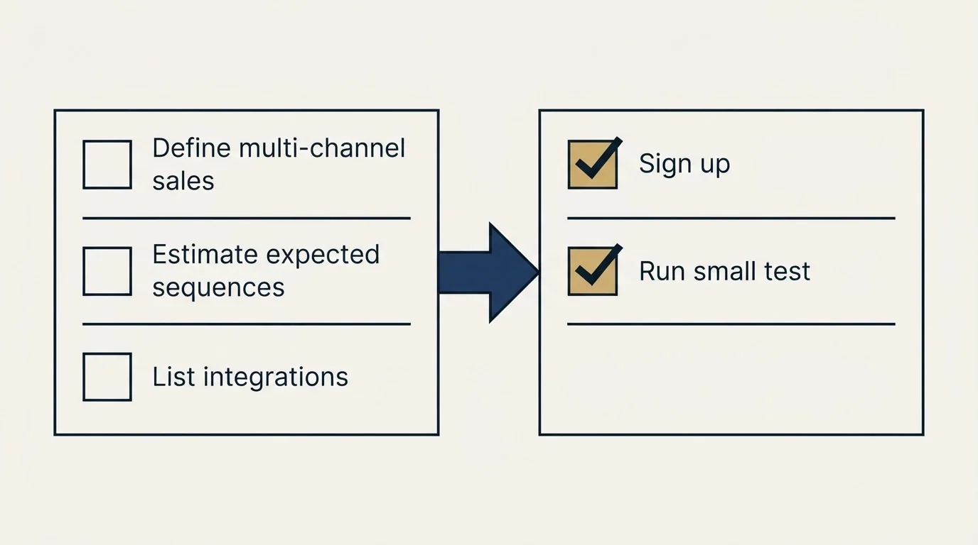 Before-and-after steps: Getting Started Checklist (Define multi-channel sales, Estimate expected sequences, List integrations, Sign up)