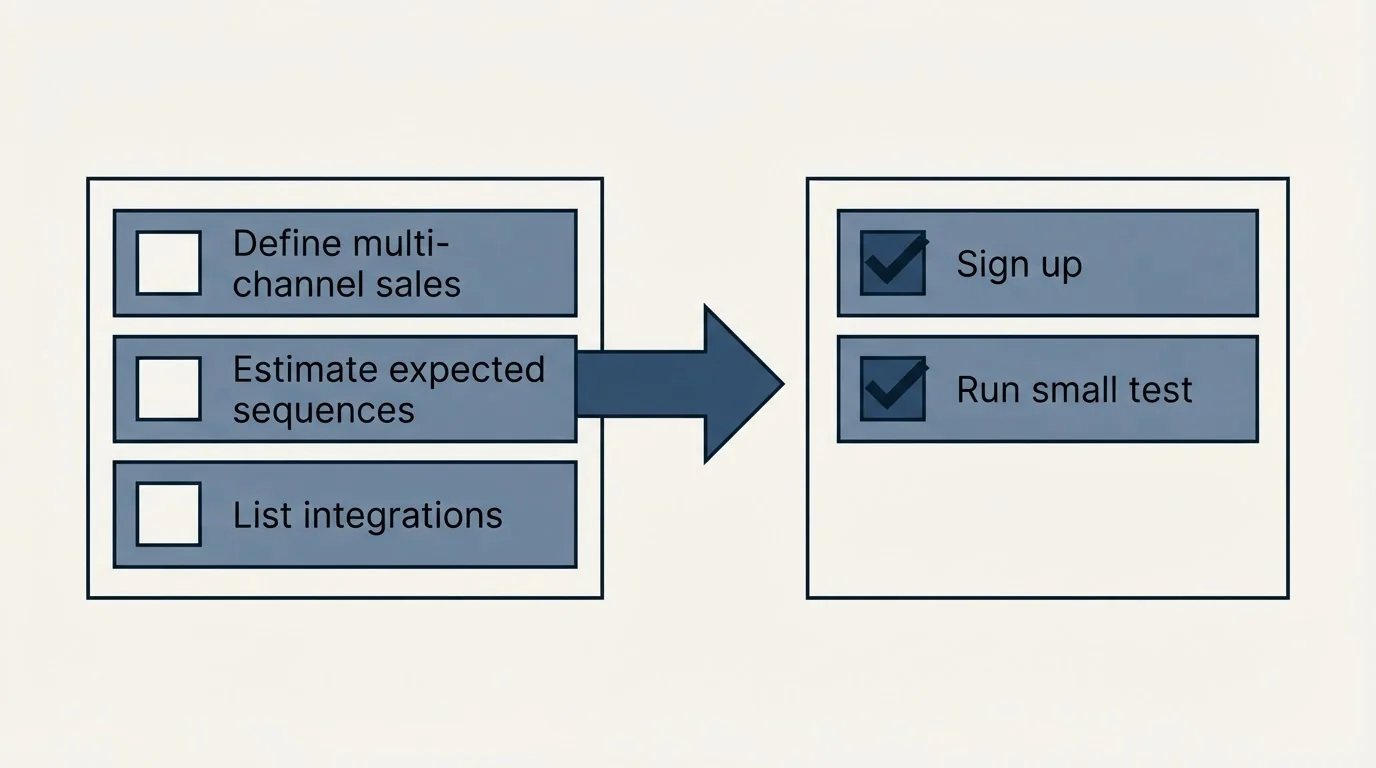 Before-and-after steps: Getting Started Checklist (Define multi-channel sales, Estimate expected sequences, List integrations, Sign up)
