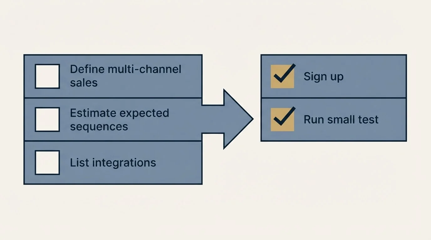 Before-and-after steps: Getting Started Checklist (Define multi-channel sales, Estimate expected sequences, List integrations, Sign up)