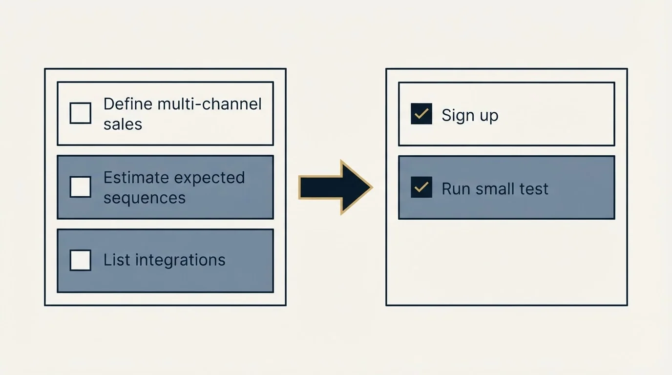 Before-and-after steps: Getting Started Checklist (Define multi-channel sales, Estimate expected sequences, List integrations, Sign up)