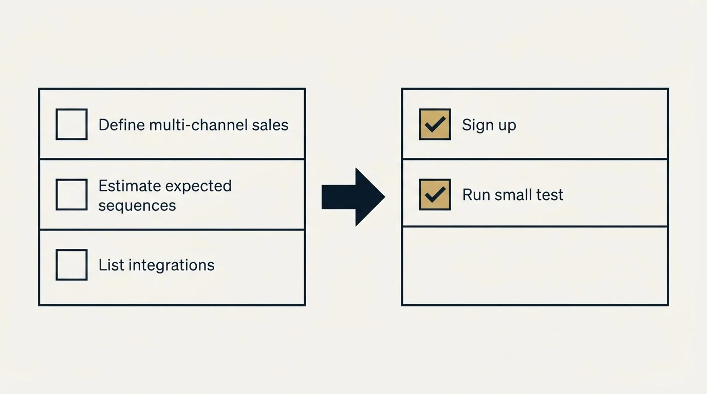 Before-and-after steps: Getting Started Checklist (Define multi-channel sales, Estimate expected sequences, List integrations, Sign up)
