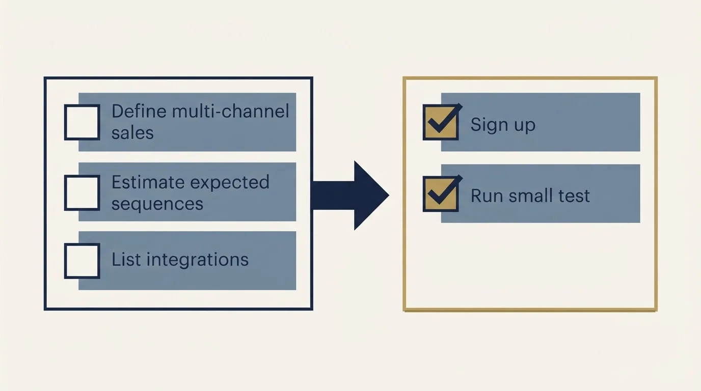Before-and-after steps: Getting Started Checklist (Define multi-channel sales, Estimate expected sequences, List integrations, Sign up)