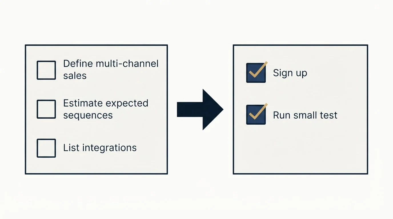 Before-and-after steps: Getting Started Checklist (Define multi-channel sales, Estimate expected sequences, List integrations, Sign up)