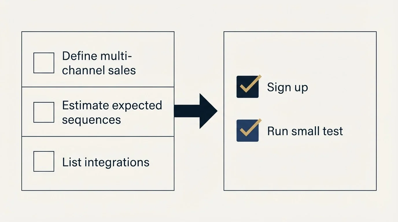 Before-and-after steps: Getting Started Checklist (Define multi-channel sales, Estimate expected sequences, List integrations, Sign up)