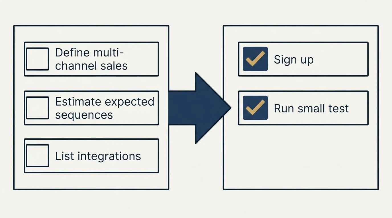 Before-and-after steps: Getting Started Checklist (Define multi-channel sales, Estimate expected sequences, List integrations, Sign up)