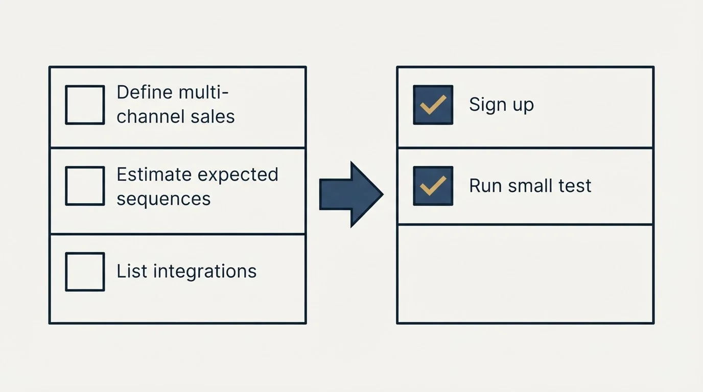 Before-and-after steps: Getting Started Checklist (Define multi-channel sales, Estimate expected sequences, List integrations, Sign up)