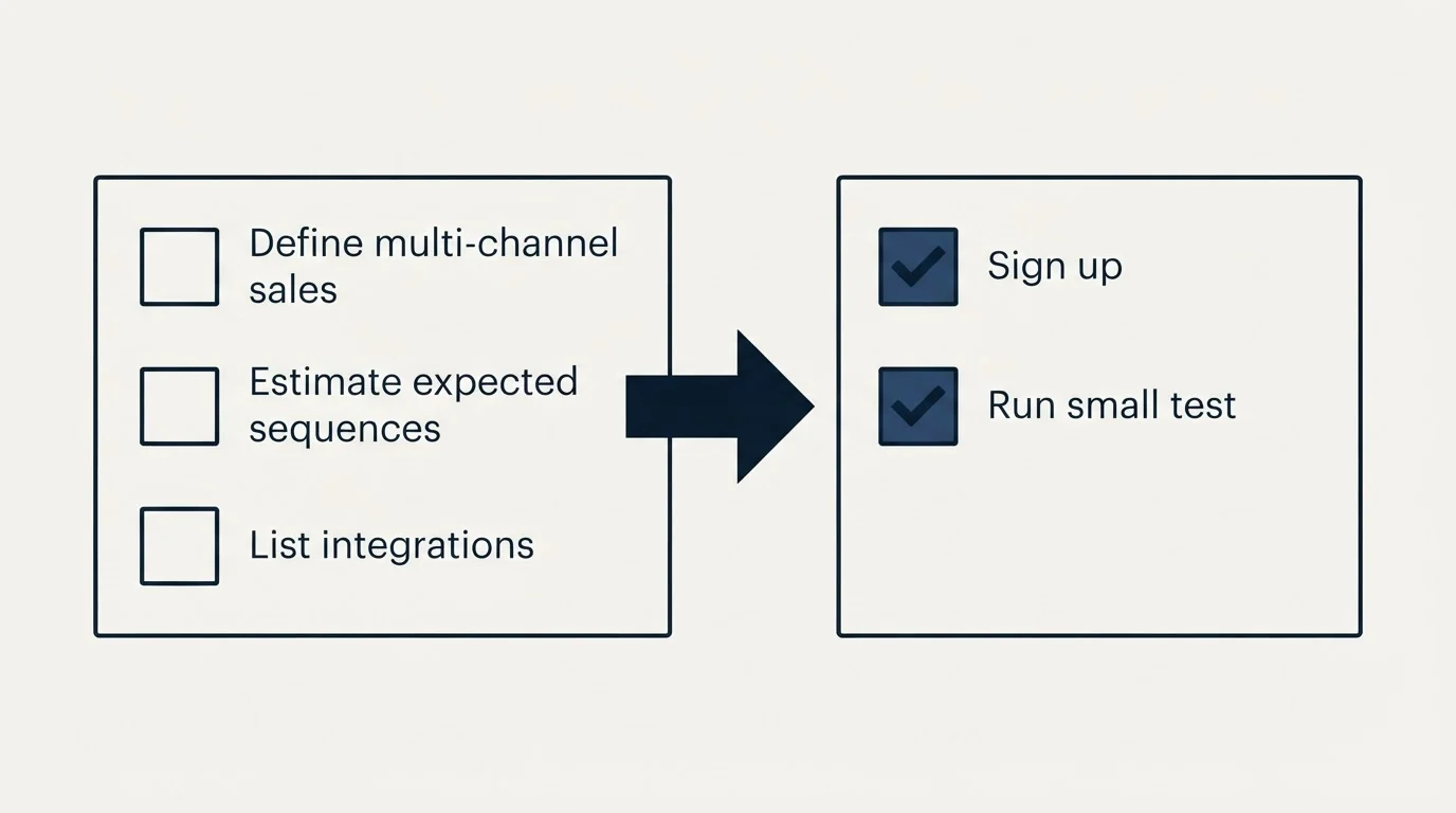Before-and-after steps: Getting Started Checklist (Define multi-channel sales, Estimate expected sequences, List integrations, Sign up)