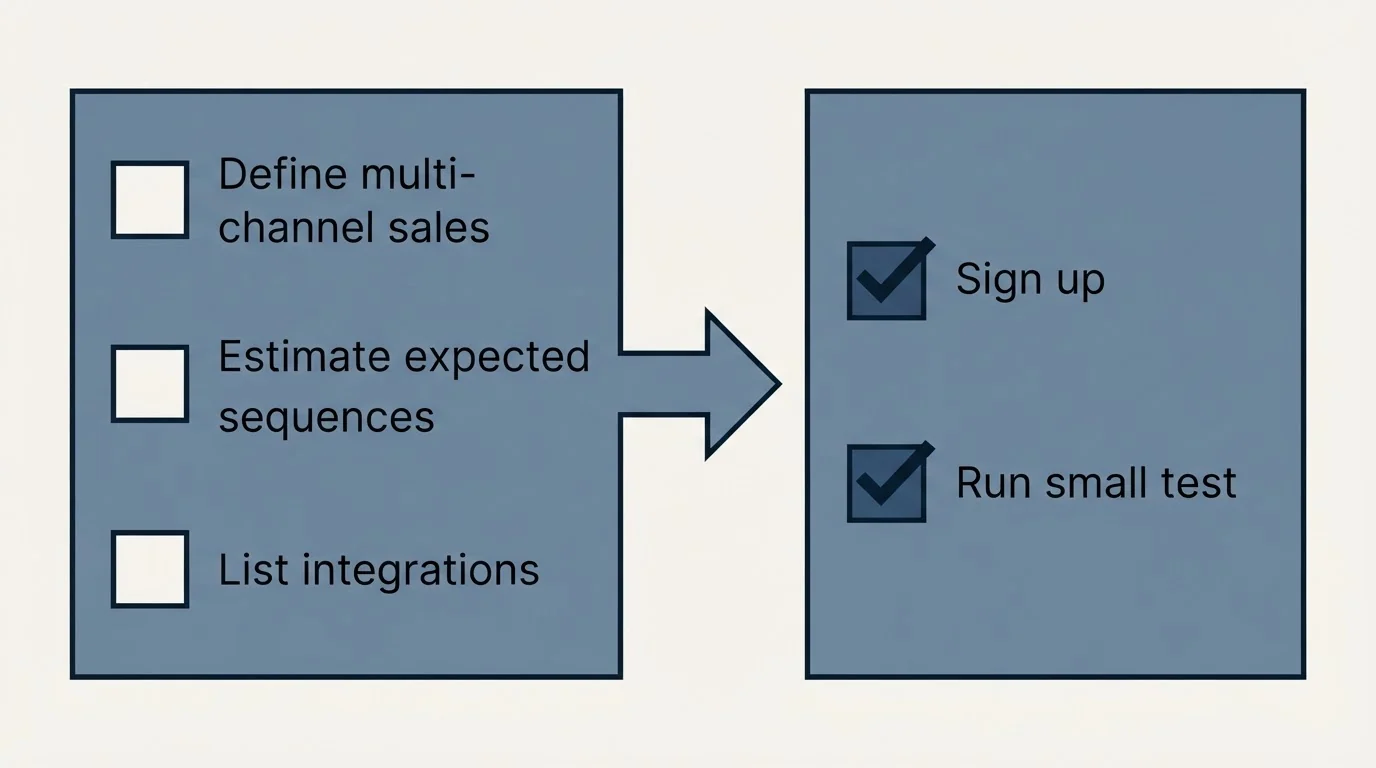 Before-and-after steps: Getting Started Checklist (Define multi-channel sales, Estimate expected sequences, List integrations, Sign up)
