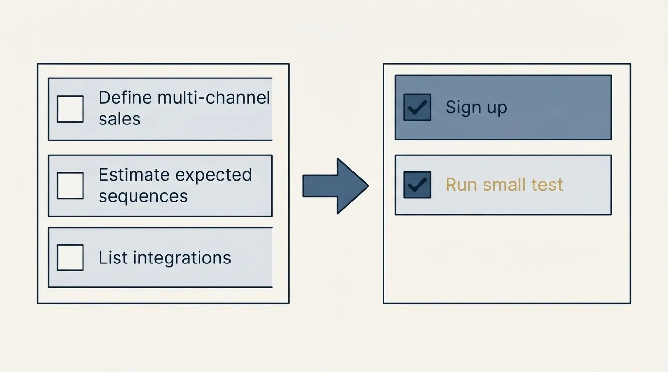 Before-and-after steps: Getting Started Checklist (Define multi-channel sales, Estimate expected sequences, List integrations, Sign up)